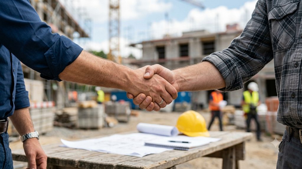 Handshake auf einer Baustelle als Symbol fuer die Arbeitsweise von Ackermann Bau