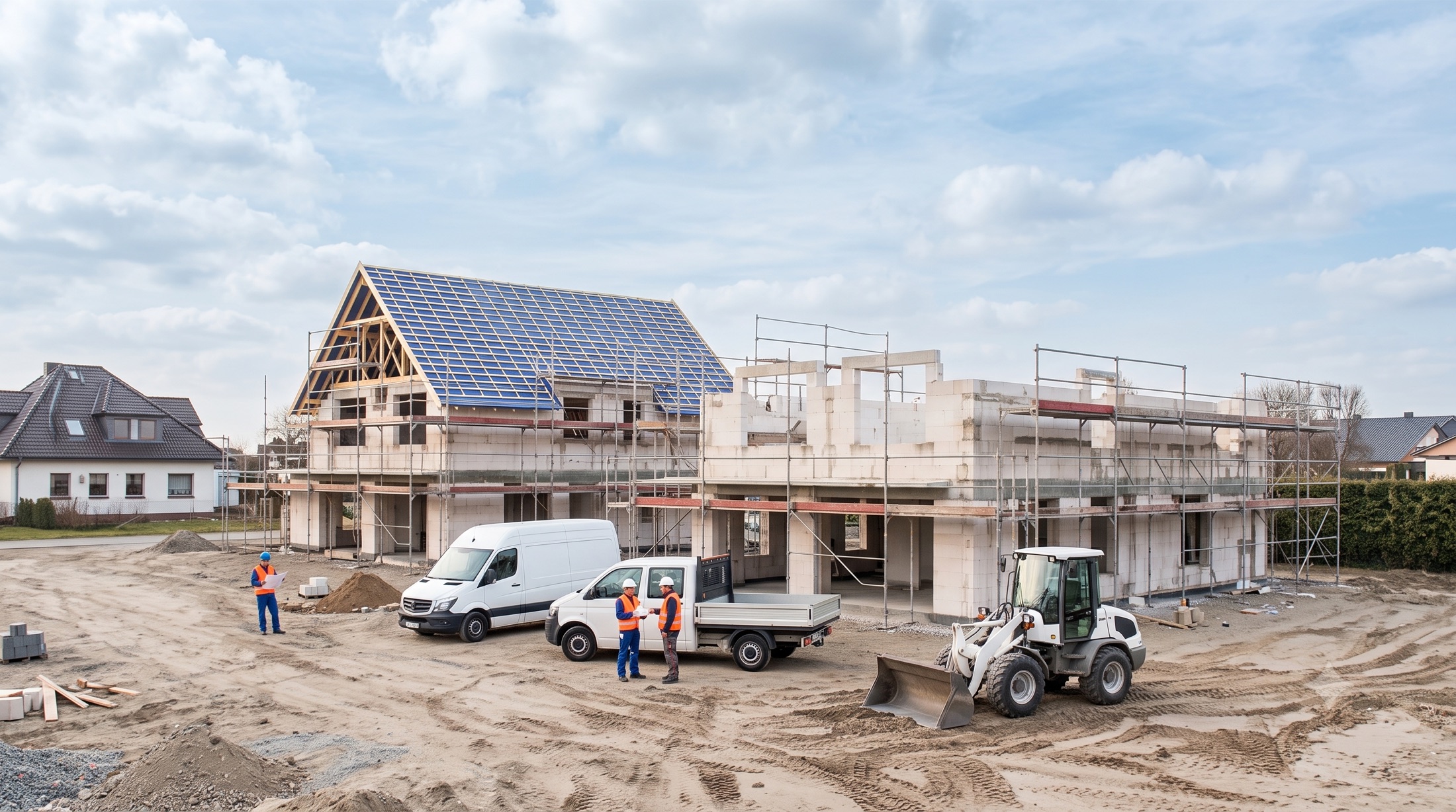 Neubau-Baustelle mit Rohbau, Geruest und Baufahrzeugen in der Region